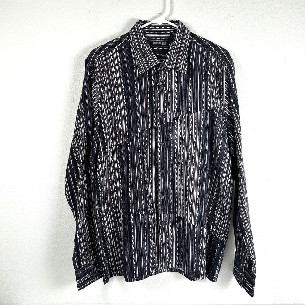 Kenneth Cole New York Mens Button Up Shirt Size L Multicolor Stripe Long Sleeves